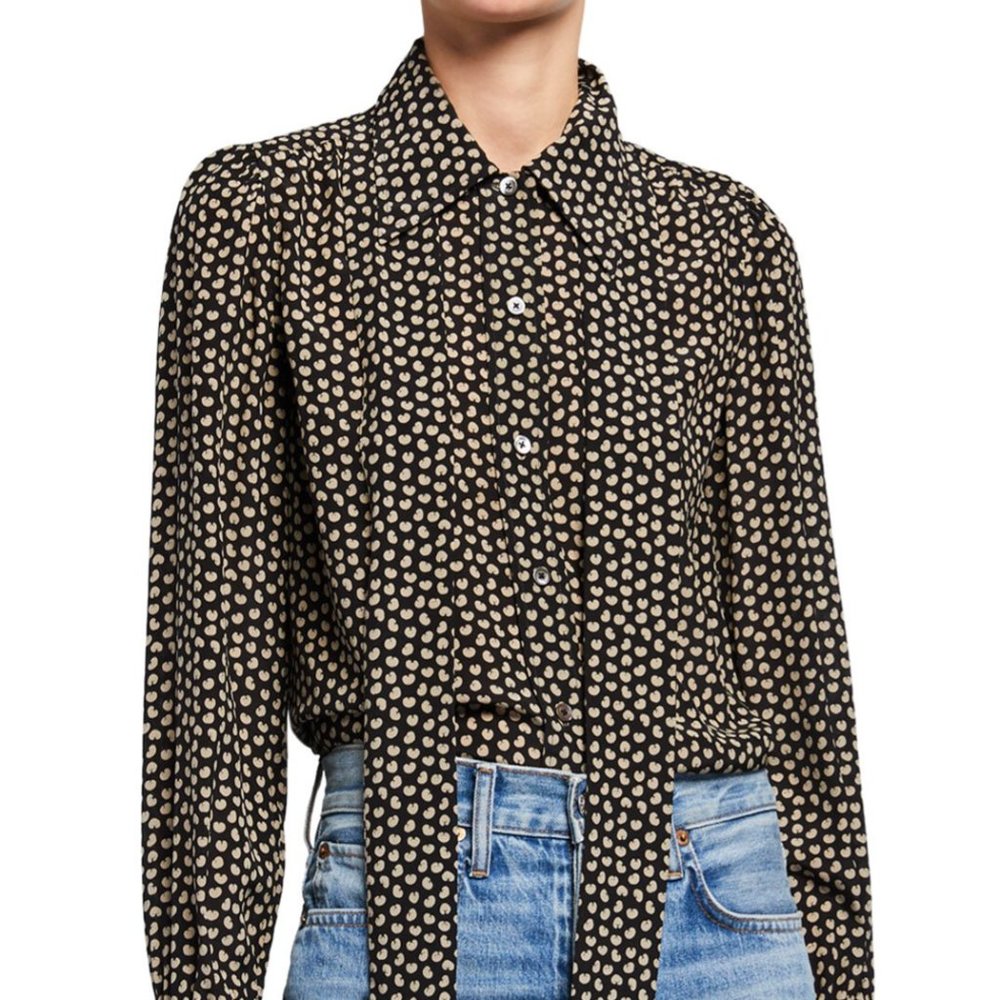 RE/DONE 70s Tie Blouse in Beige and Black Croissant Print